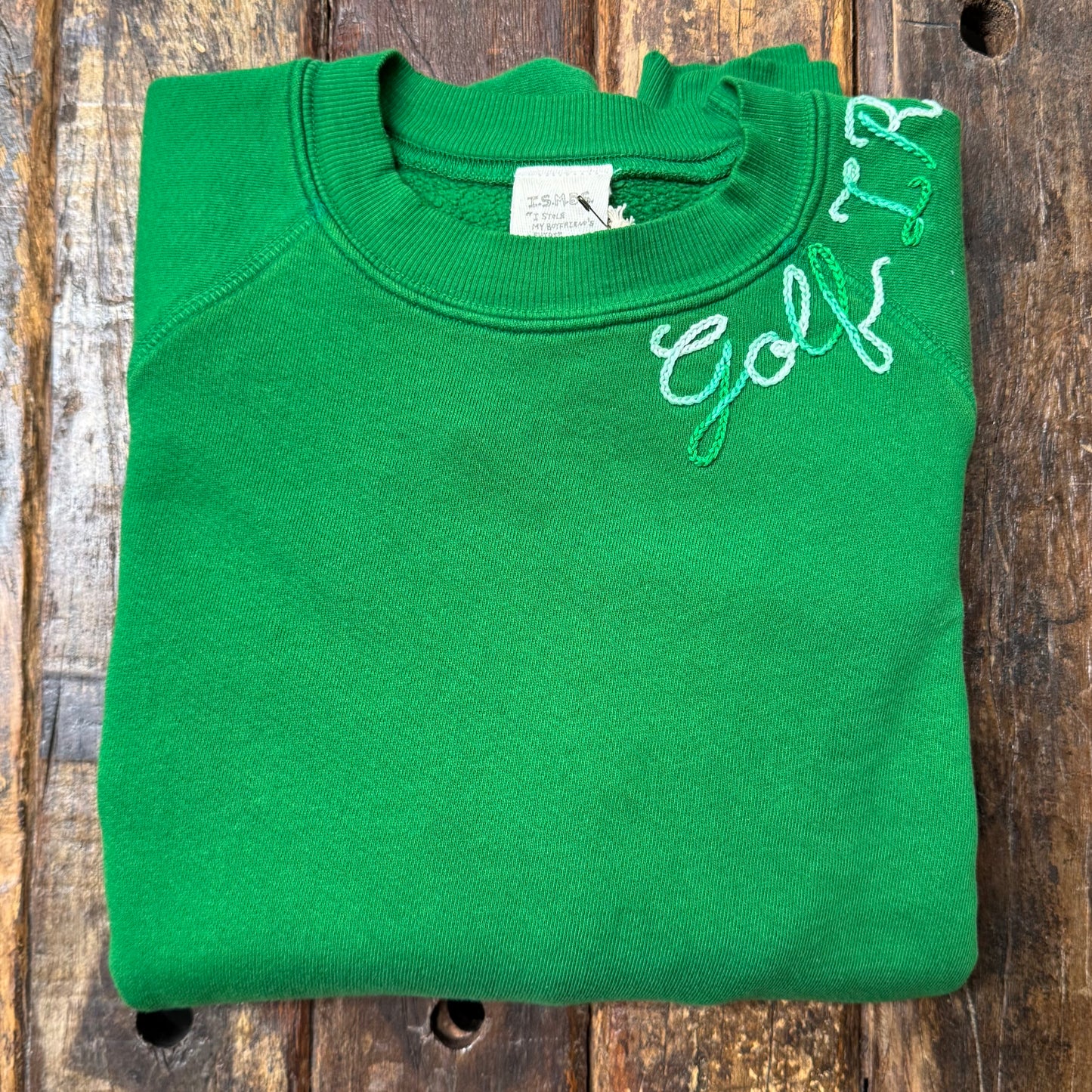 GREEN L/S SWEATS WITH CUSTOM HAND EMBROIDERY
