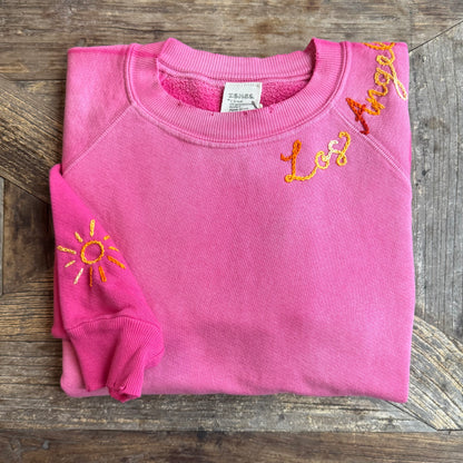 BUBBLE GUM PINK L/S SWEATS WITH CUSTOM HAND EMBROIDERY
