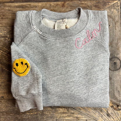 Crochet Smiley Patch Sweatshirts WITH CUSTOM HAND EMBROIDERY- (17Colors)