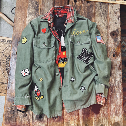 Vintage Army Jacket with Allover Happy Mickey Patches WITH PERSONALIZED HAND EMBROIDERY-S/M