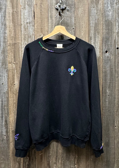 Mardi Gras Fleur de Lis Sweatshirt with Initial Letter on Sleeve (6 Colors)