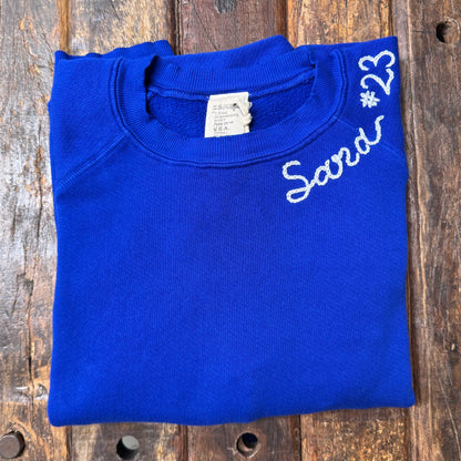 COBALT BLUE L/S SWEATS WITH CUSTOM HAND EMBROIDERY