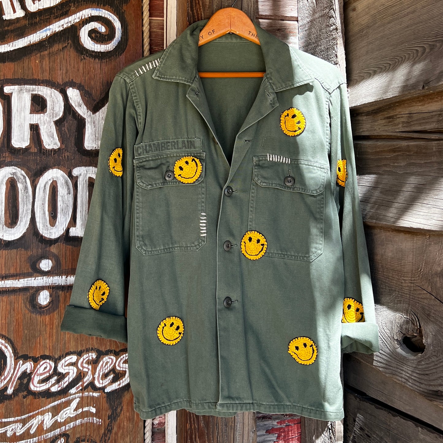 Vintage Army Jacket with Allover Smiley Face Crochet Patches-M