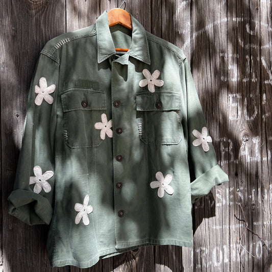 Vintage Army Jacket with Allover Daisy Crochet Patches-M