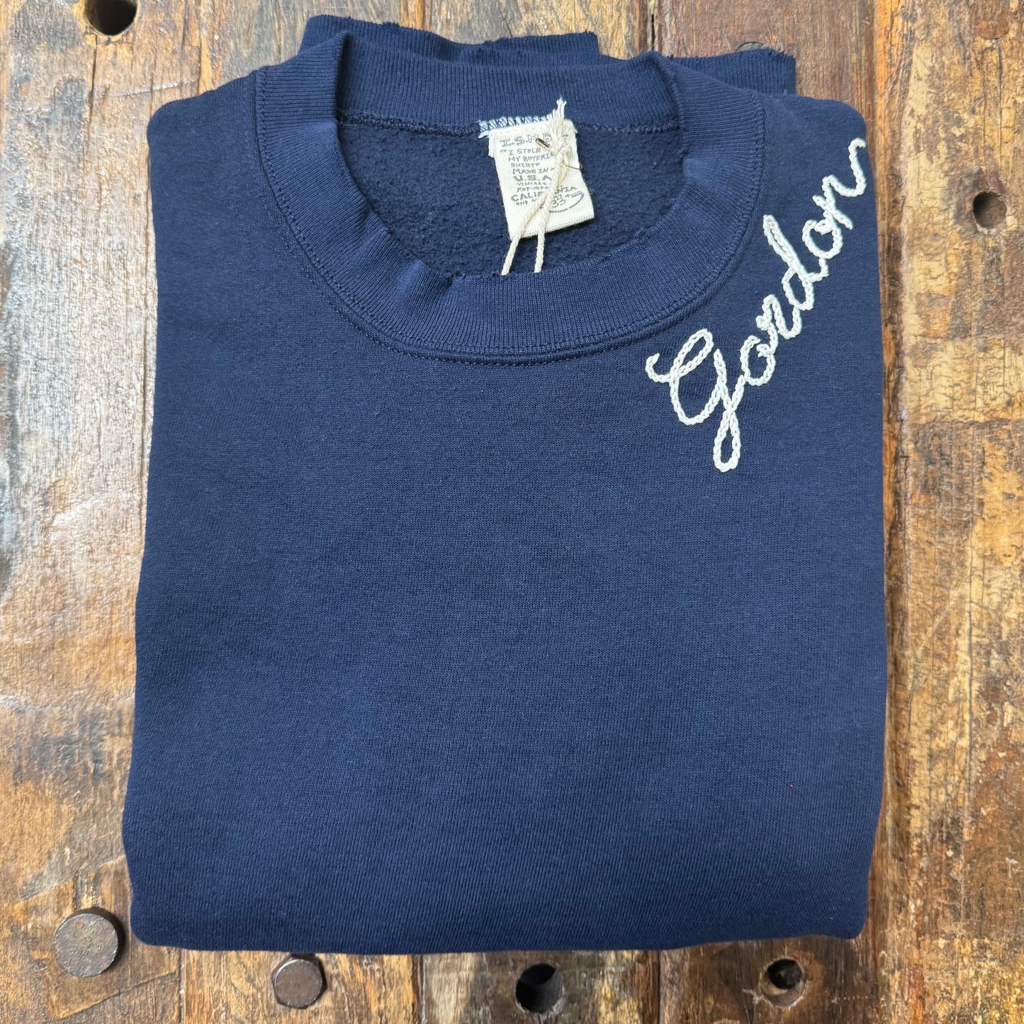 NAVY VINTAGE SWEATS WITH CUSTOM HAND EMBROIDERY ON NECKLINE - OVERSIZE FIT
