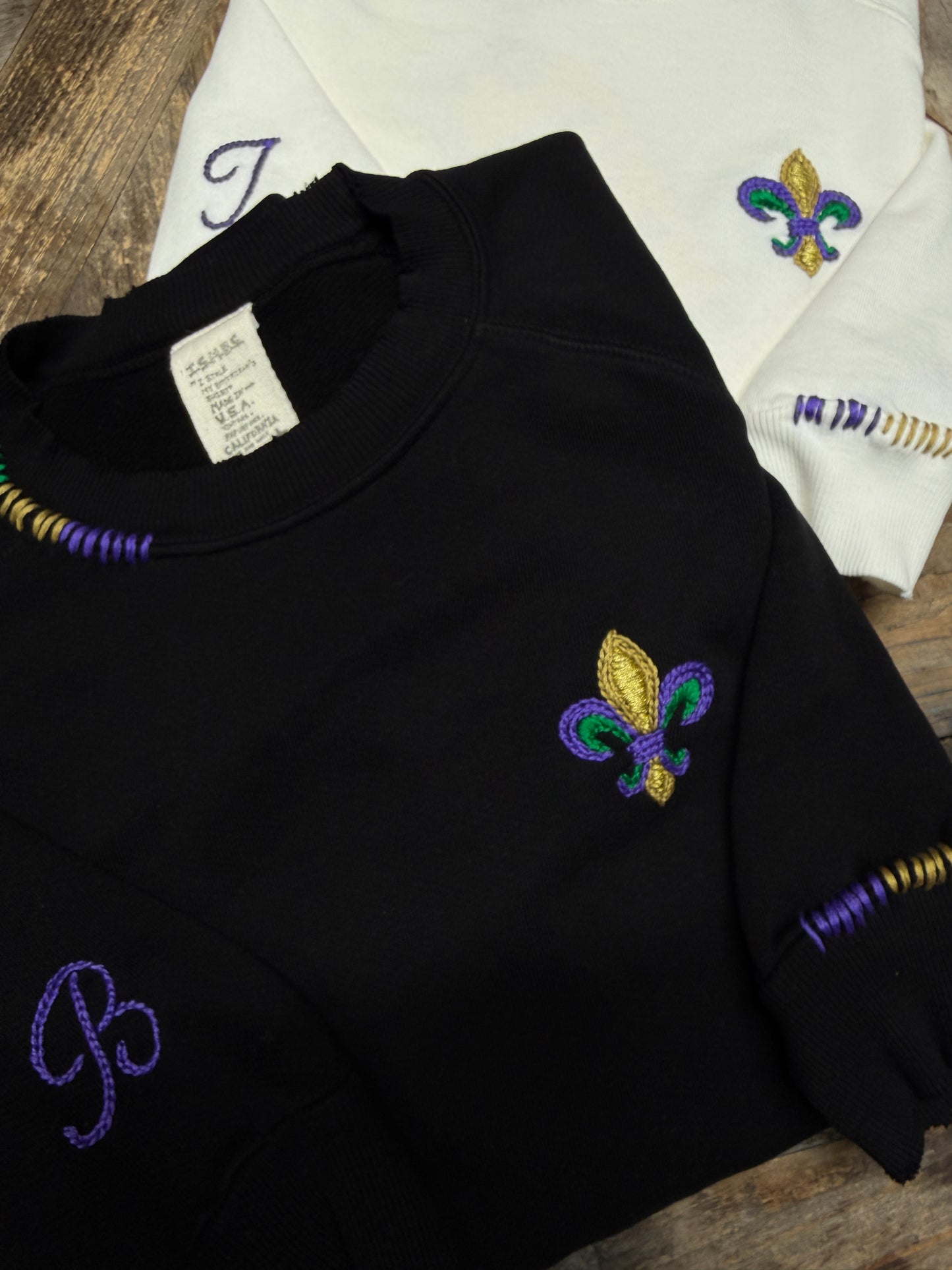 Mardi Gras Fleur de Lis Sweatshirt with Initial Letter on Sleeve (6 Colors)