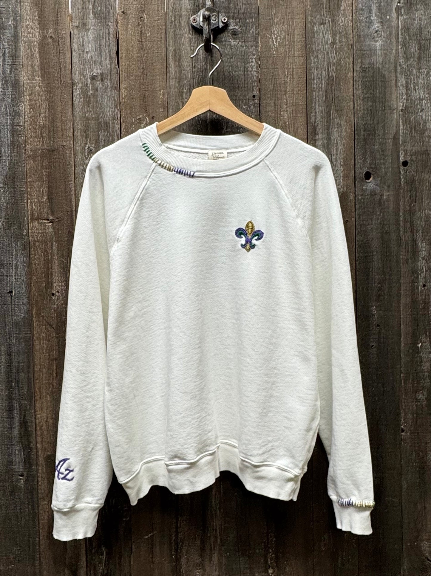 Mardi Gras Fleur de Lis Sweatshirt with Initial Letter on Sleeve (6 Colors)
