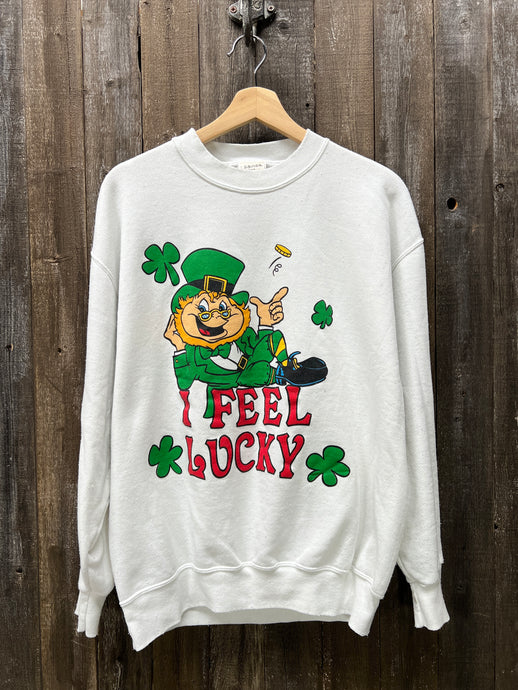 I FEEL LUCKY VINTAGE SWEATSHIRT WITH CUSTOM HAND EMBROIDERY-M/L