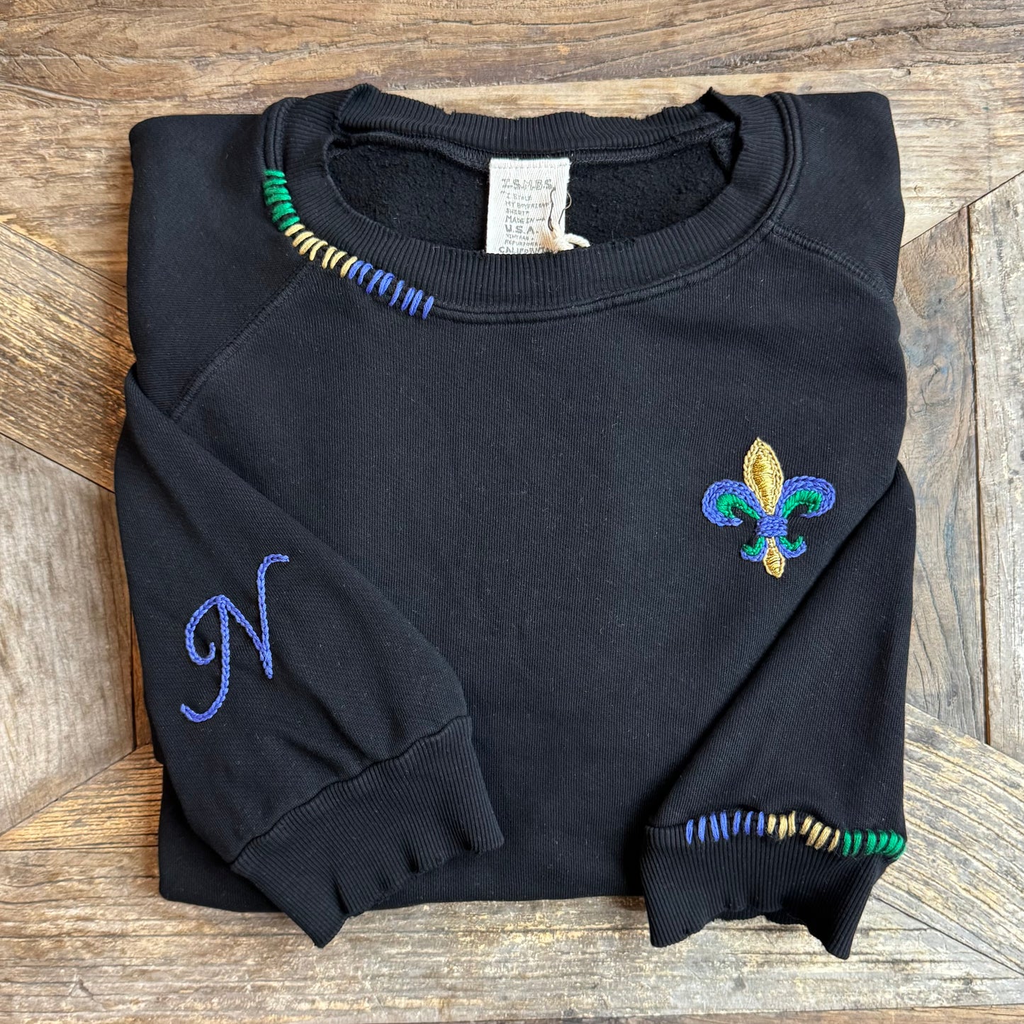 Mardi Gras Fleur de Lis Sweatshirt with Initial Letter on Sleeve (6 Colors)