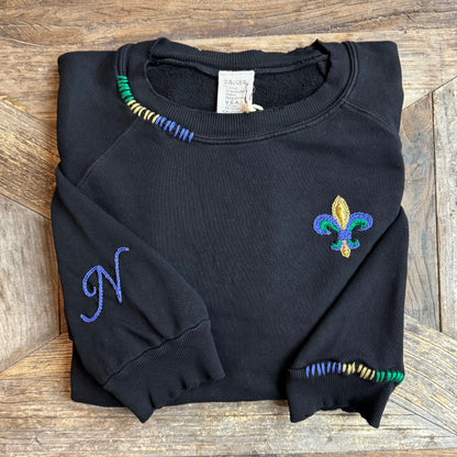 Mardi Gras Fleur de Lis Sweatshirt with Initial Letter on Sleeve (6 Colors)