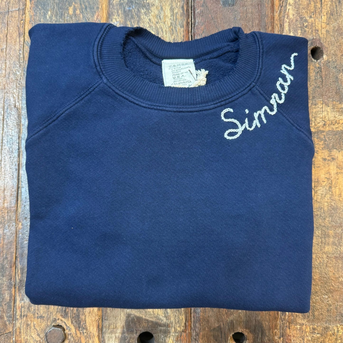 WASHED NAVY SWEATS WITH CUSTOM HAND EMBROIDERY