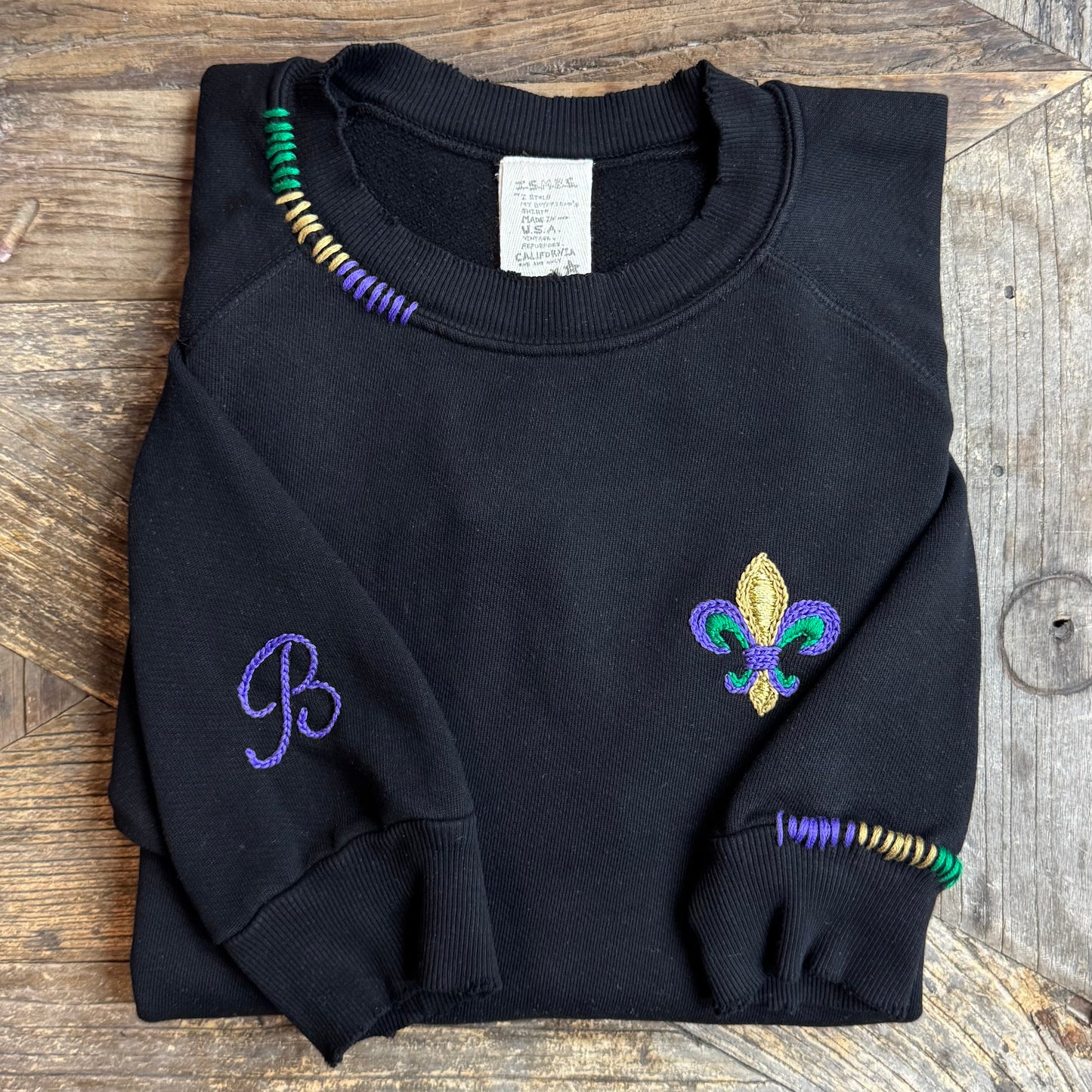 Mardi Gras Fleur de Lis Sweatshirt with Initial Letter on Sleeve (6 Colors)