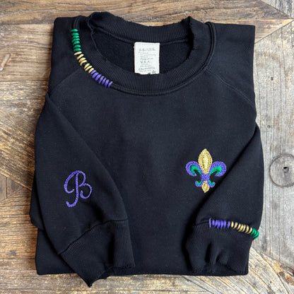Mardi Gras Fleur de Lis Sweatshirt with Initial Letter on Sleeve (6 Colors)