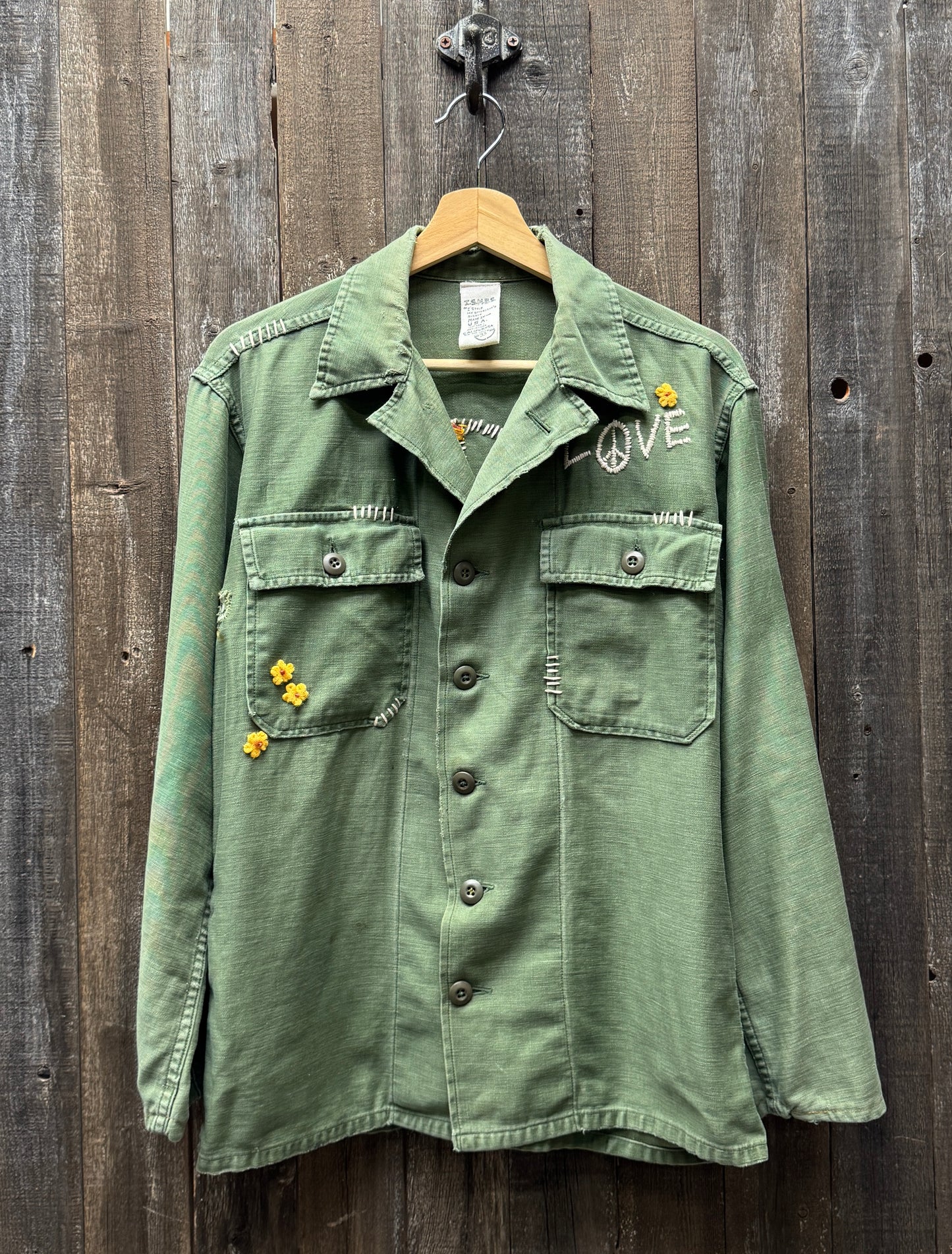 Vintage Army Jacket with Love & Peace with Mini Flower Patches