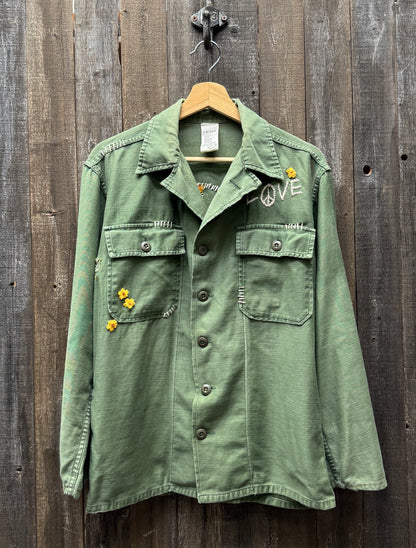 Vintage Army Jacket with Love & Peace with Mini Flower Patches