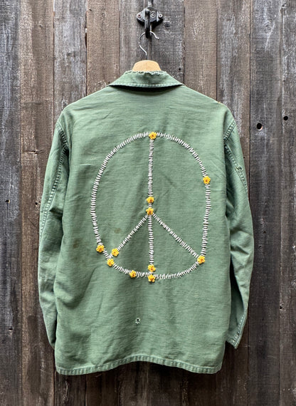 Vintage Army Jacket with Love & Peace with Mini Flower Patches