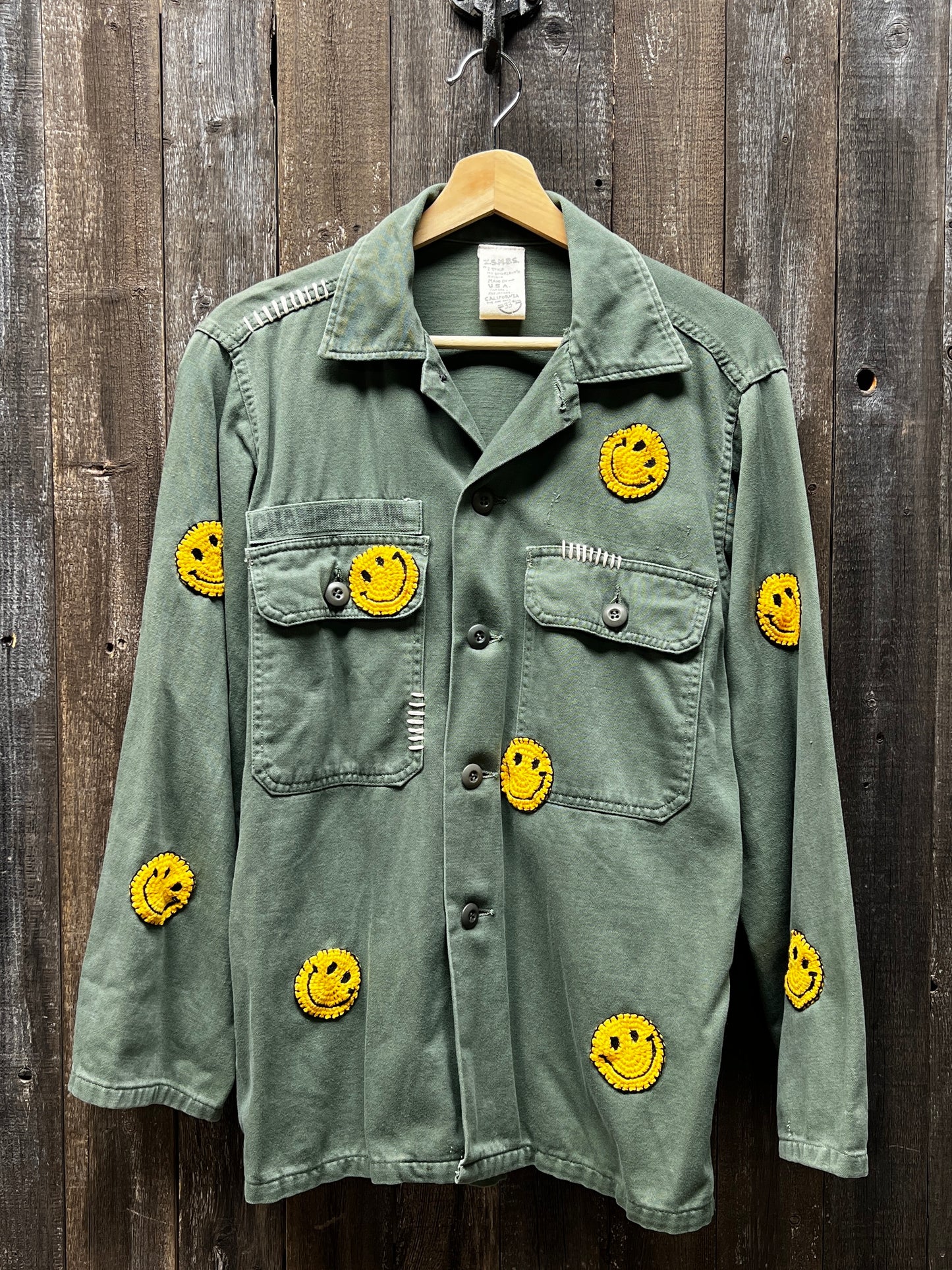 Vintage Army Jacket with Allover Smiley Face Crochet Patches-M