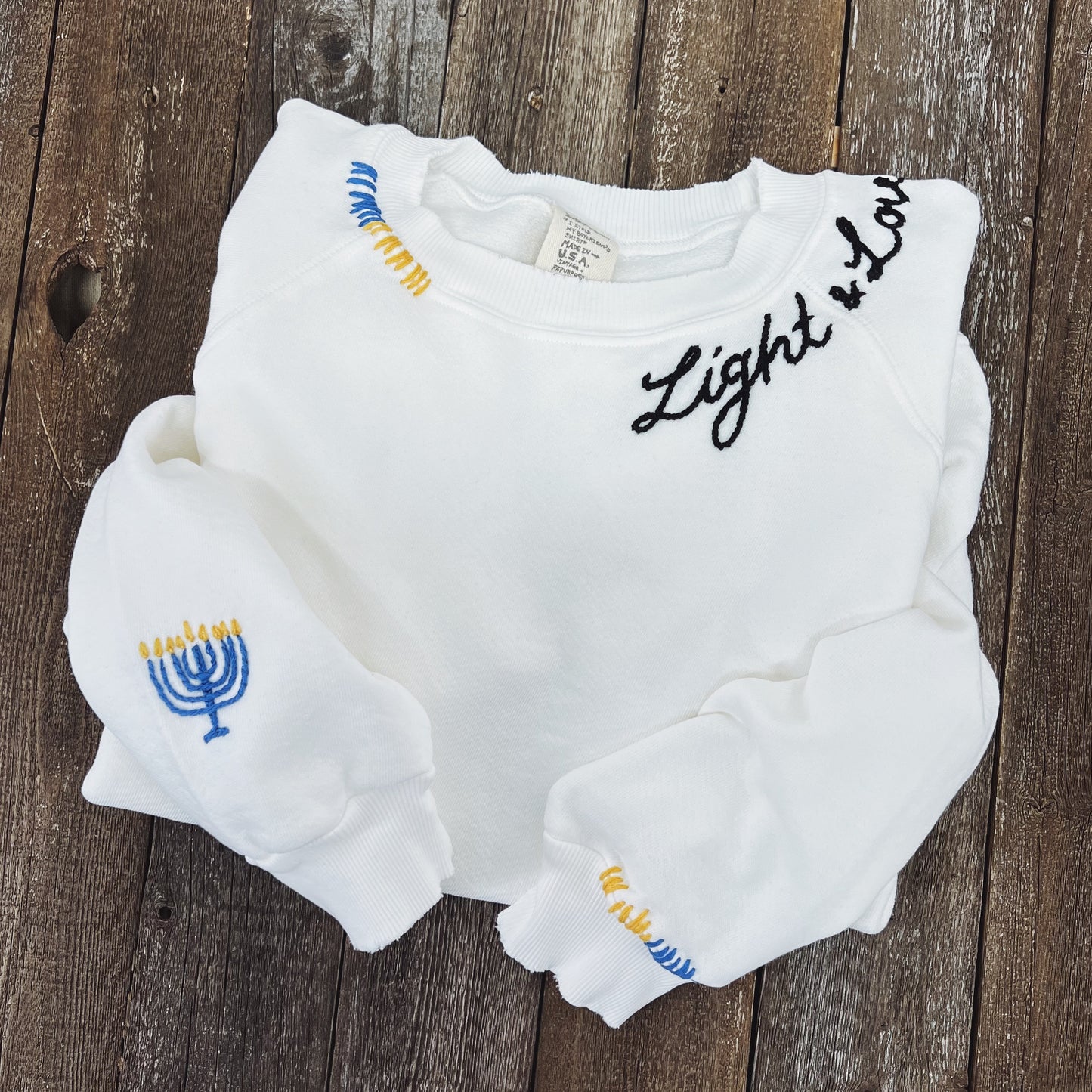 Menorah Sweatshirt with Customize Your Embroidery Wording (6 Colors)