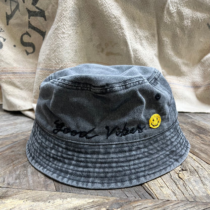 WASHED COTTON BUCKET HAT WITH CUSTOM HAND EMBROIDERY- FADED BLACK