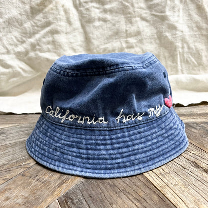 WASHED COTTON BUCKET HAT WITH CUSTOM HAND EMBROIDERY- FADED NAVY