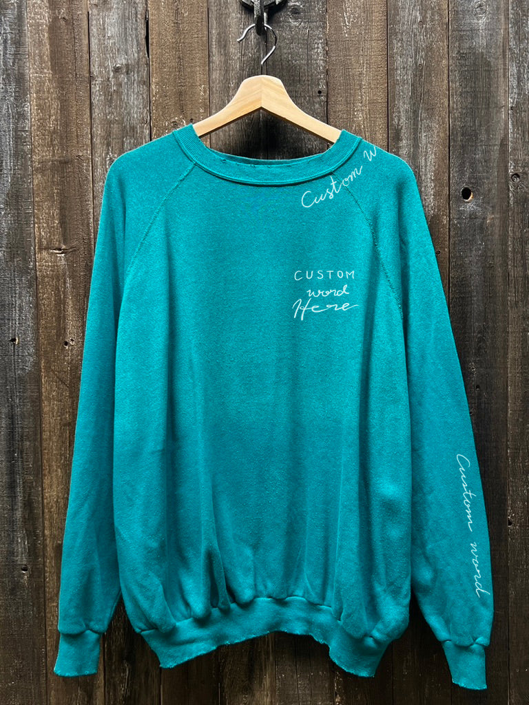 TEAL VINTAGE SWEATS WITH CUSTOM HAND EMBROIDERY ON NECKLINE - OVERSIZE FIT